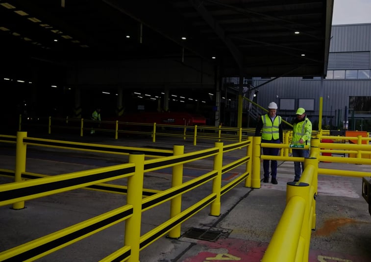 Two stakeholders reviewing polymer safety barriers in a warehouse yard during a site assessment