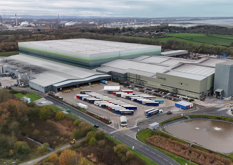 Aerial view of UK warehouse facility showing pedestrian walkways and FLT traffic routes