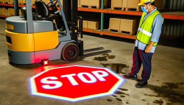 Generate an image of a STOP Sign LED Projector in a factory environment in front of a man, making him stop when a forklift approaches-1