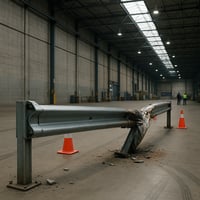 Dented warehouse safety barrier showing why PUWER compliance matters