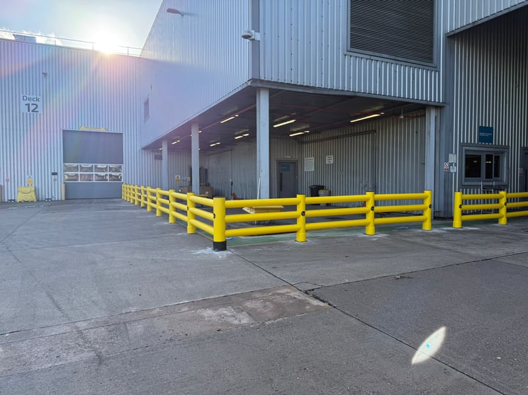 External impact protection barriers at automotive manufacturing facility, UK