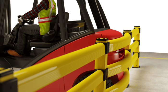 Polymer barrier absorbing forklift impact in warehouse