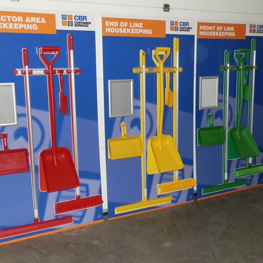 Multiple 5S cleaning stations with shadow boards and visual tool organisation in warehouse