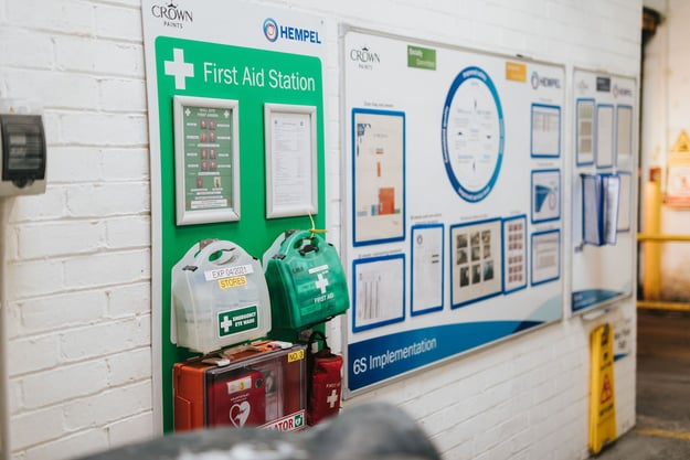 Professional visual management board in factory displaying KPI metrics and performance data for warehouse team engagemen