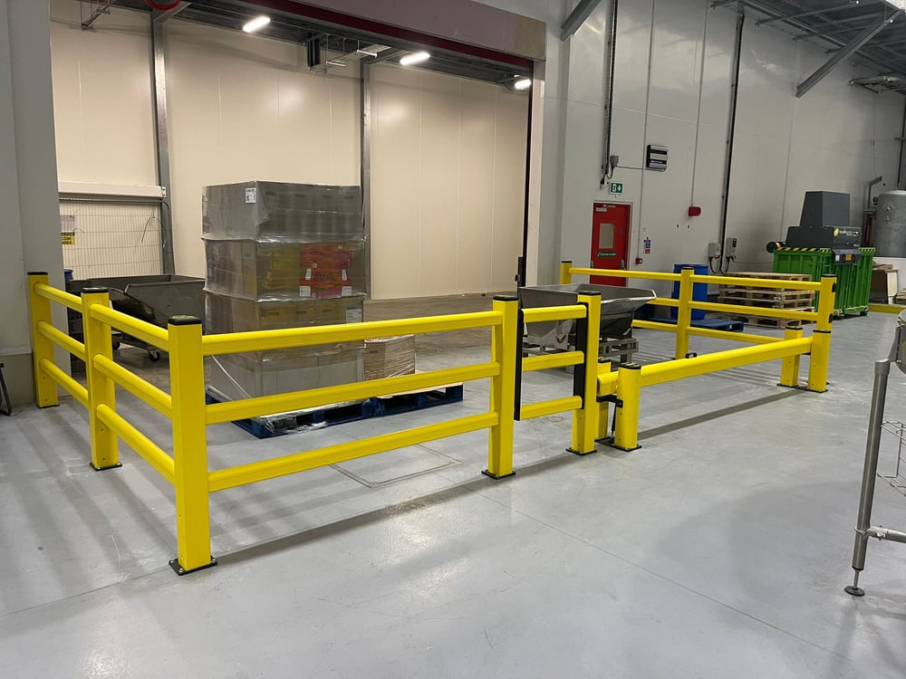 Polymer safety barriers and gate segregating warehouse stock area from vehicle routes