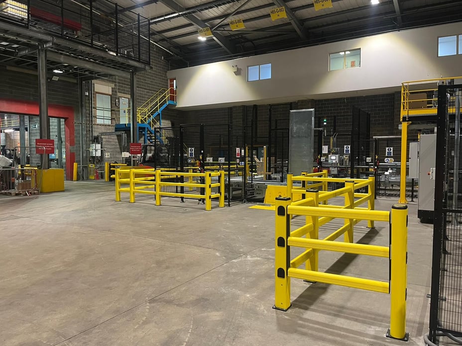 PAS 13 compliant polymer barriers properly installed in UK warehouse facility