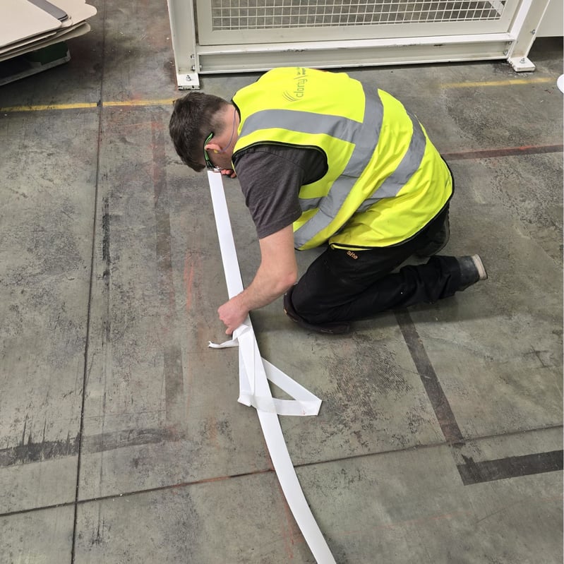 Professional installer fitting warehouse floor marking system for pedestrian safety