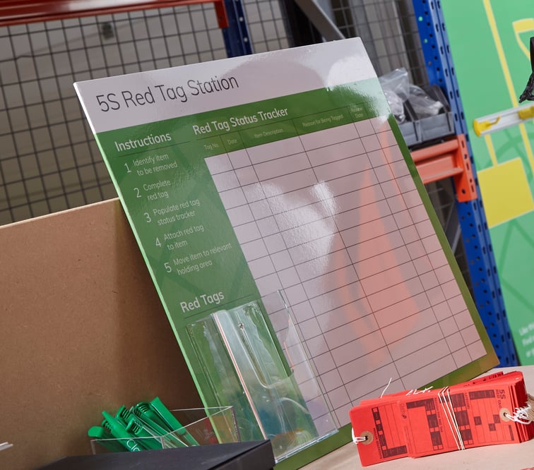 5S red tag station for sorting and removing unnecessary items in workplace organisation programme