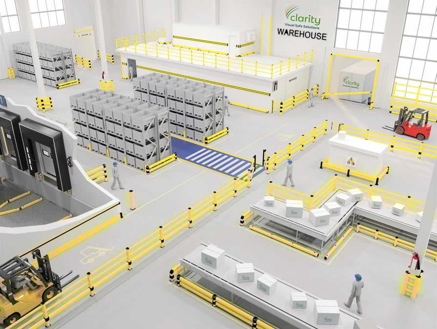 Warehouse floor plan CAD drawing with marked pedestrian walkways and forklift operating zones