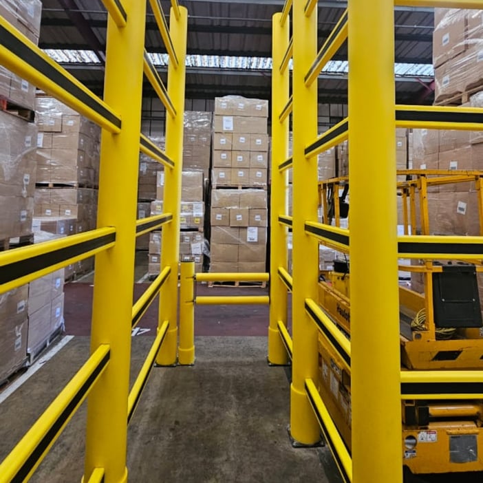 •	Polymer topple barrier separating high-stacked stock from a pedestrian route