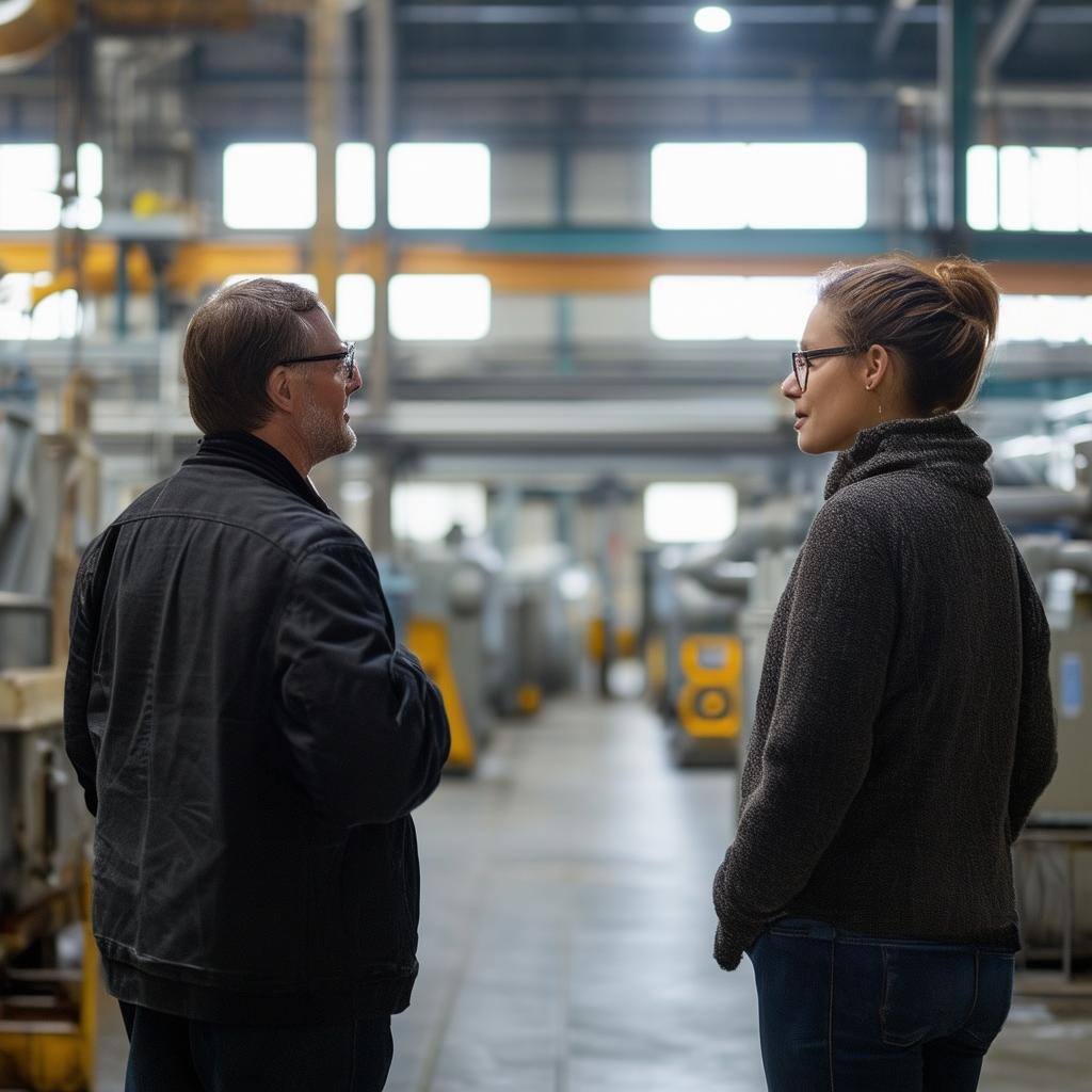 two people talking facing away from the camera in a factory