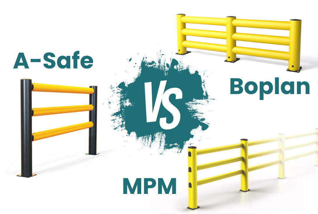 Polymer safety barriers protecting pedestrian walkway in UK warehouse