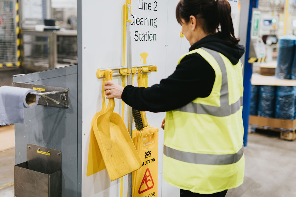 Warehouse floor plan CAD drawing with marked pedestrian walkways and forklift operating zones