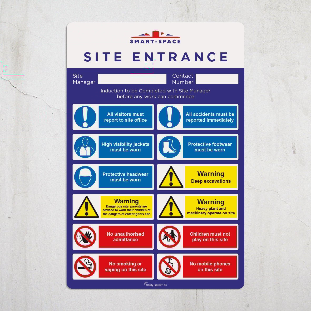 Warehouse safety sign displaying multiple hazard warnings including access, PPE requirements, and speed limits